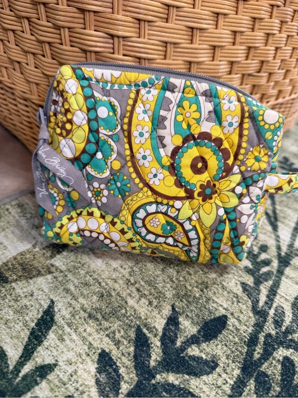 Vintage Vera Bradley Yellow Teal Paisley Quilted Zip Cosmetic Bag Pouch